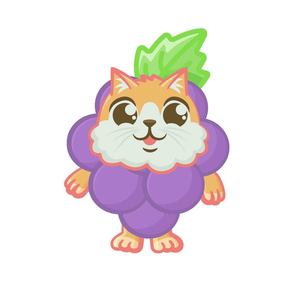 Cheerful happy cat in a grape costume, cartoon vector illustration