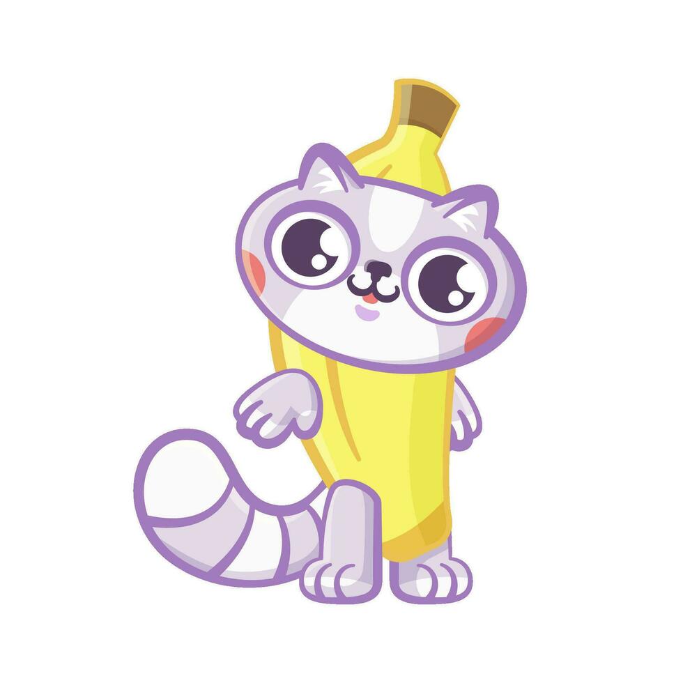 Cheerful happy cat in a banana costume, cartoon vector illustration