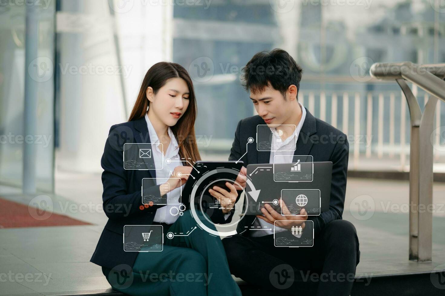 Businessman and woman going in city center in smart casual business style, talking, working together, stylish freelance people, holding coffee and laptop,tablet and smartphone discussing with VR icon photo