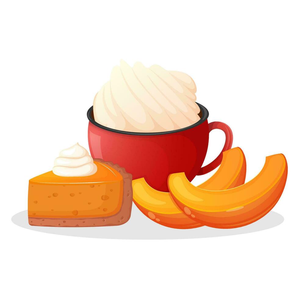 Coffee with whipped cream served with pumpkin pie vector
