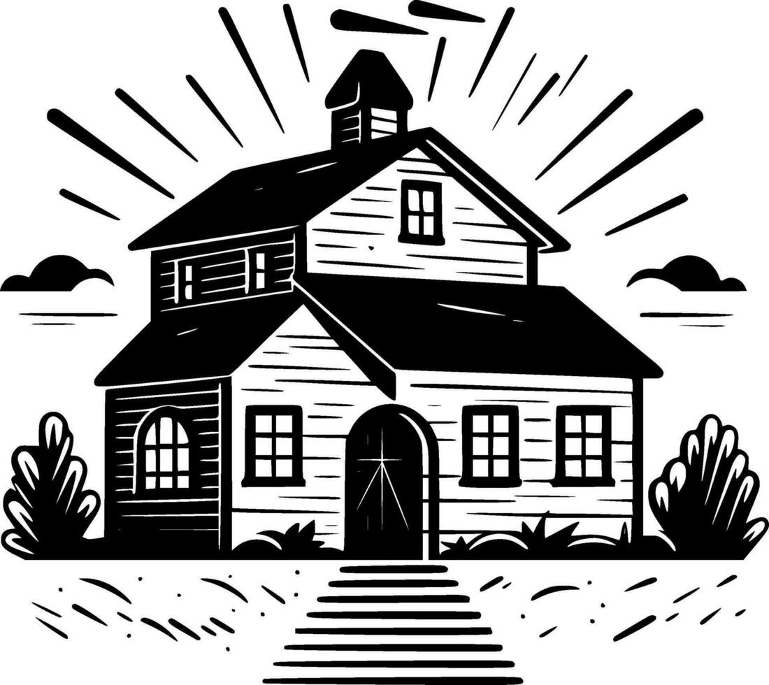 Farmhouse, Black and White Vector illustration