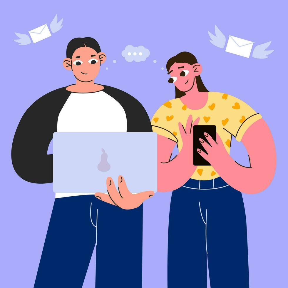A boy and a girl use gadgets. Young people use smartphones, surf the internet, text, socialize online. Flat graphic vector illustration isolated on blue background