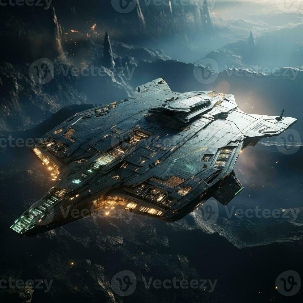 Futuristic spaceship flying in deep space. Futuristic spaceship. AI generative photo