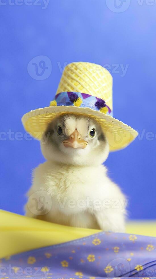 Cute little chicken wearing a hat on colored background with copy space. AI generative photo