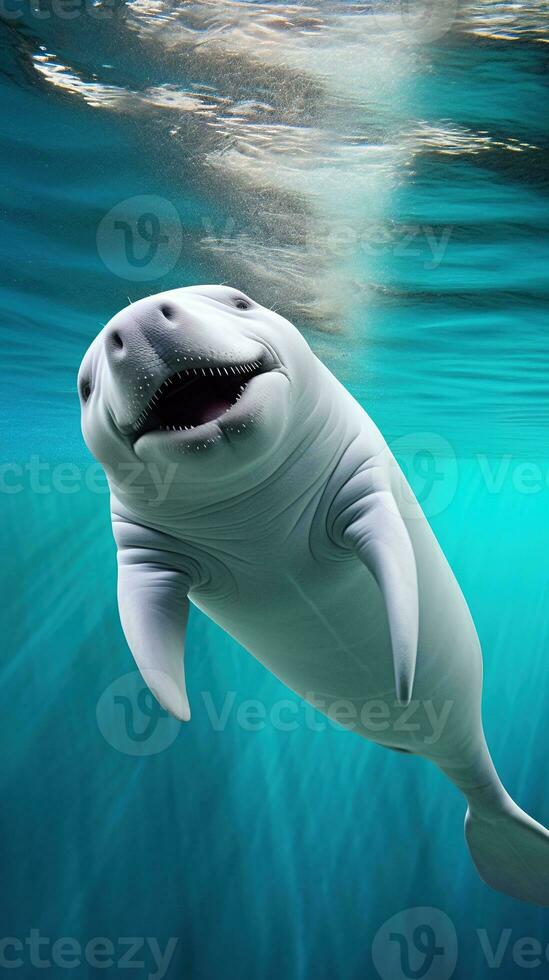 Cute white whale swimming in the deep blue sea. AI generative photo