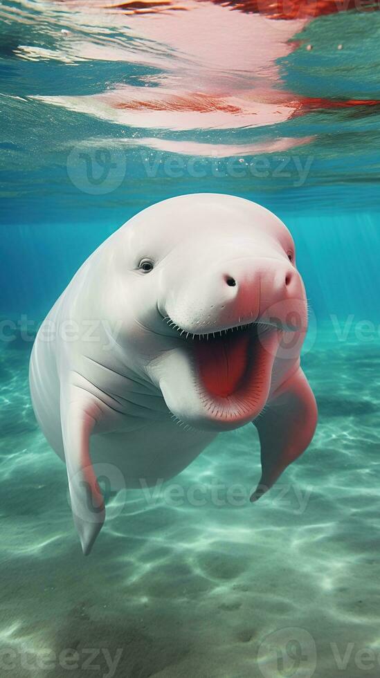 Cute white whale swimming in the deep blue sea. AI generative photo