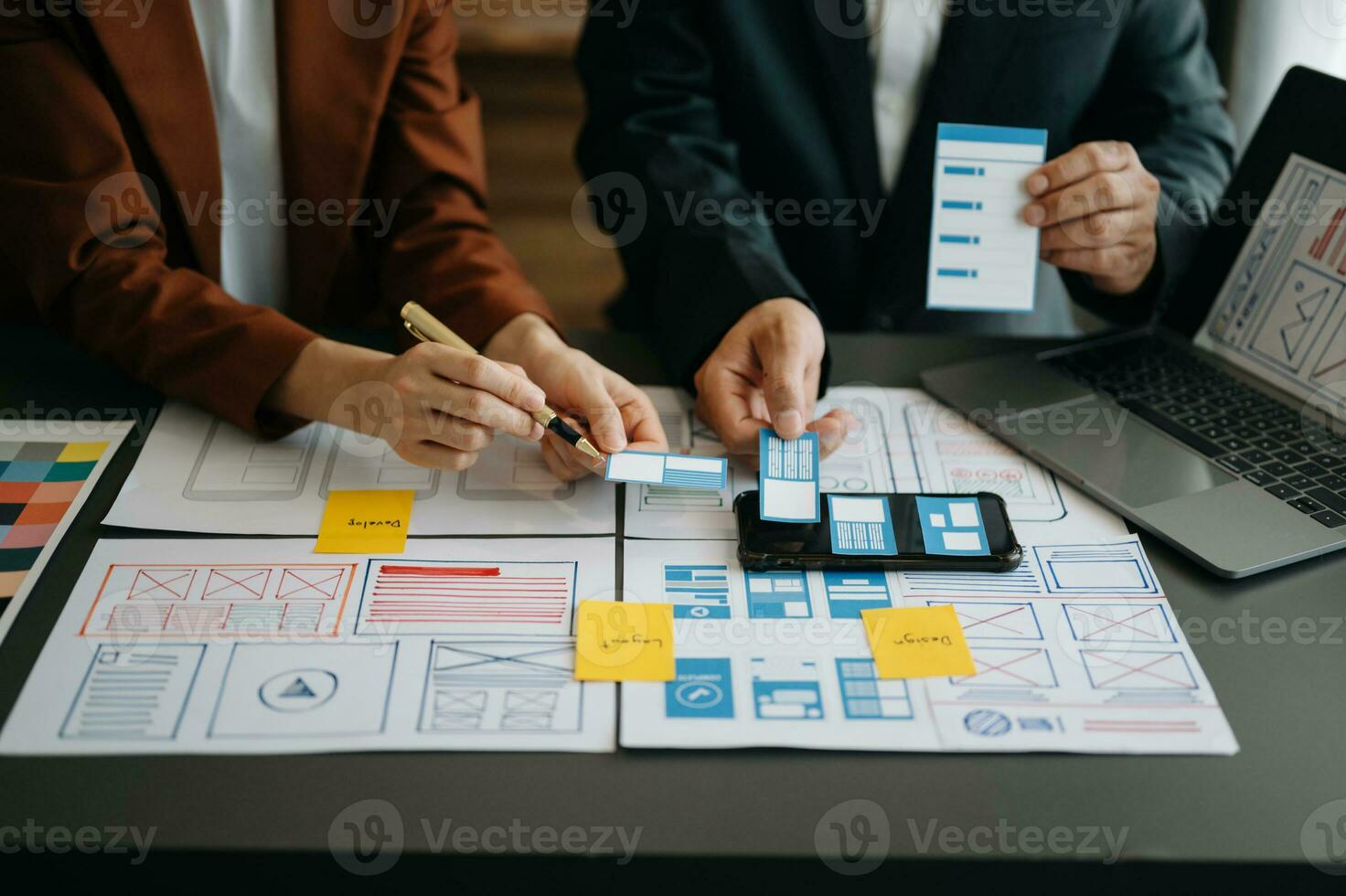 UX graphic designer planning application process development prototype wireframe for web smart phone. Creative digital development agency. photo