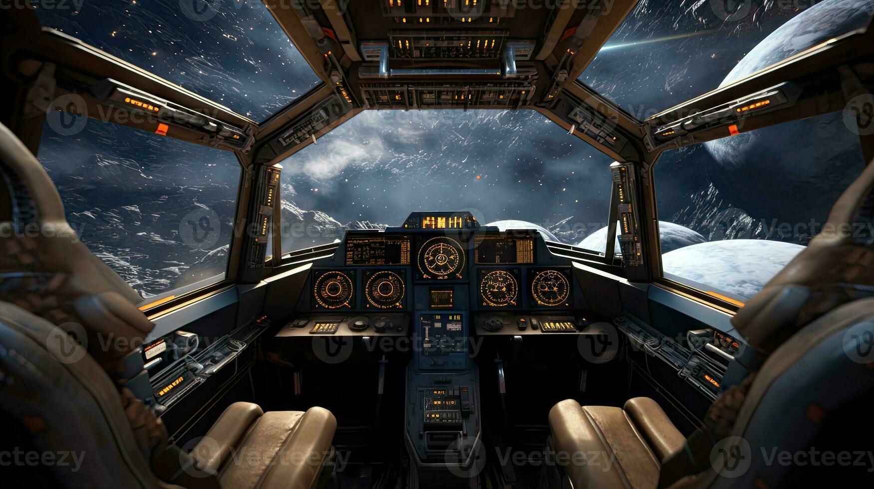 War Space Ship Cockpit. Immersive Image of Intense Galactic Warfare in Ultra High Quality photo