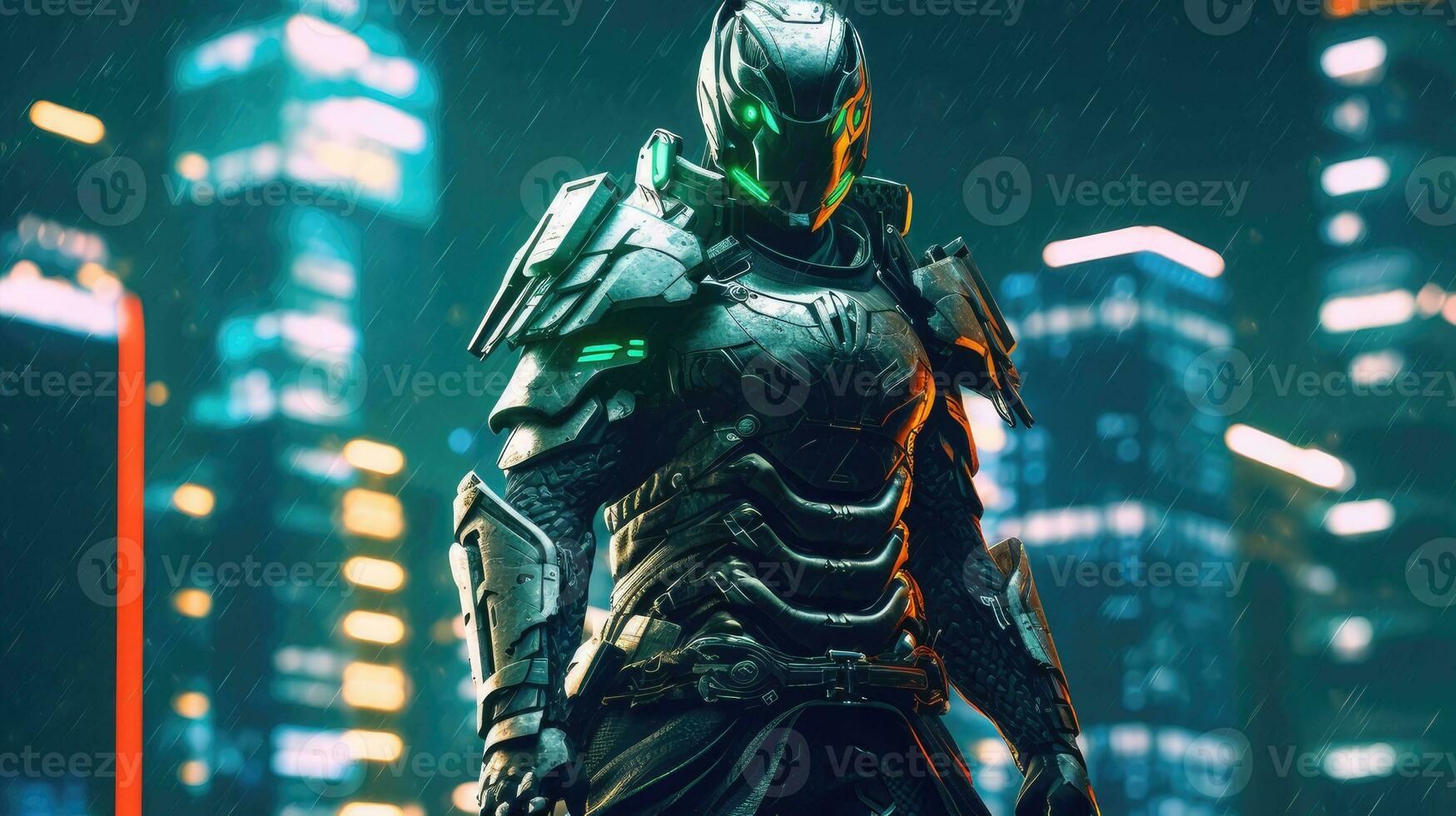 Cyberpunk Futuristic Anime Robot Warrior on Roof. Ultra High-Quality Image photo