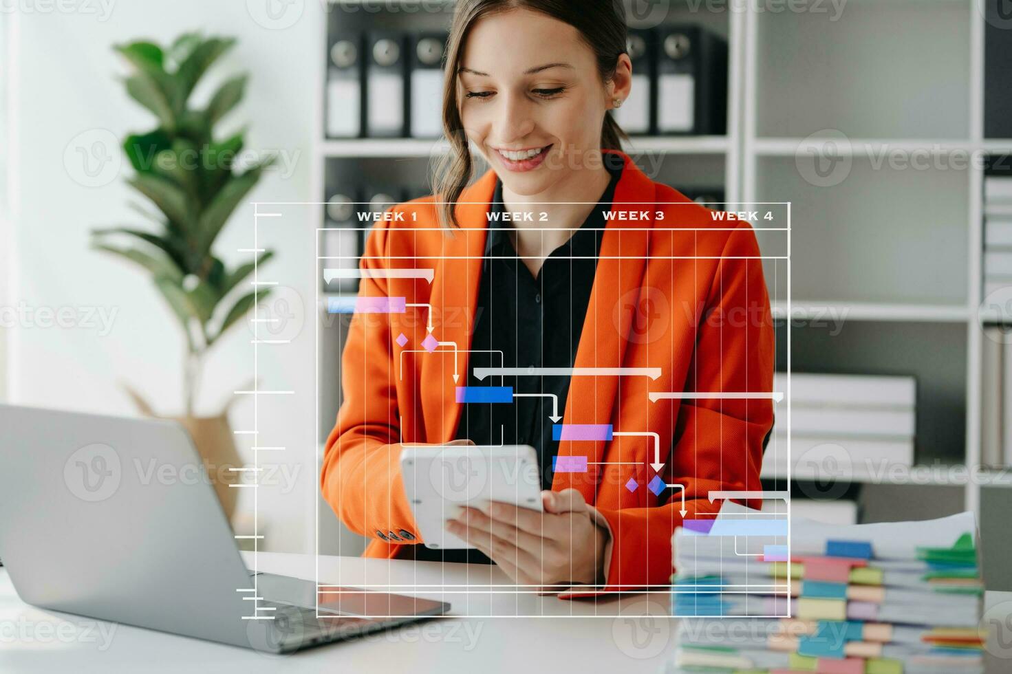 Project manager working and update tasks with milestones progress planning and Gantt chart scheduling diagram. business working with smart phone, tablet and laptop photo