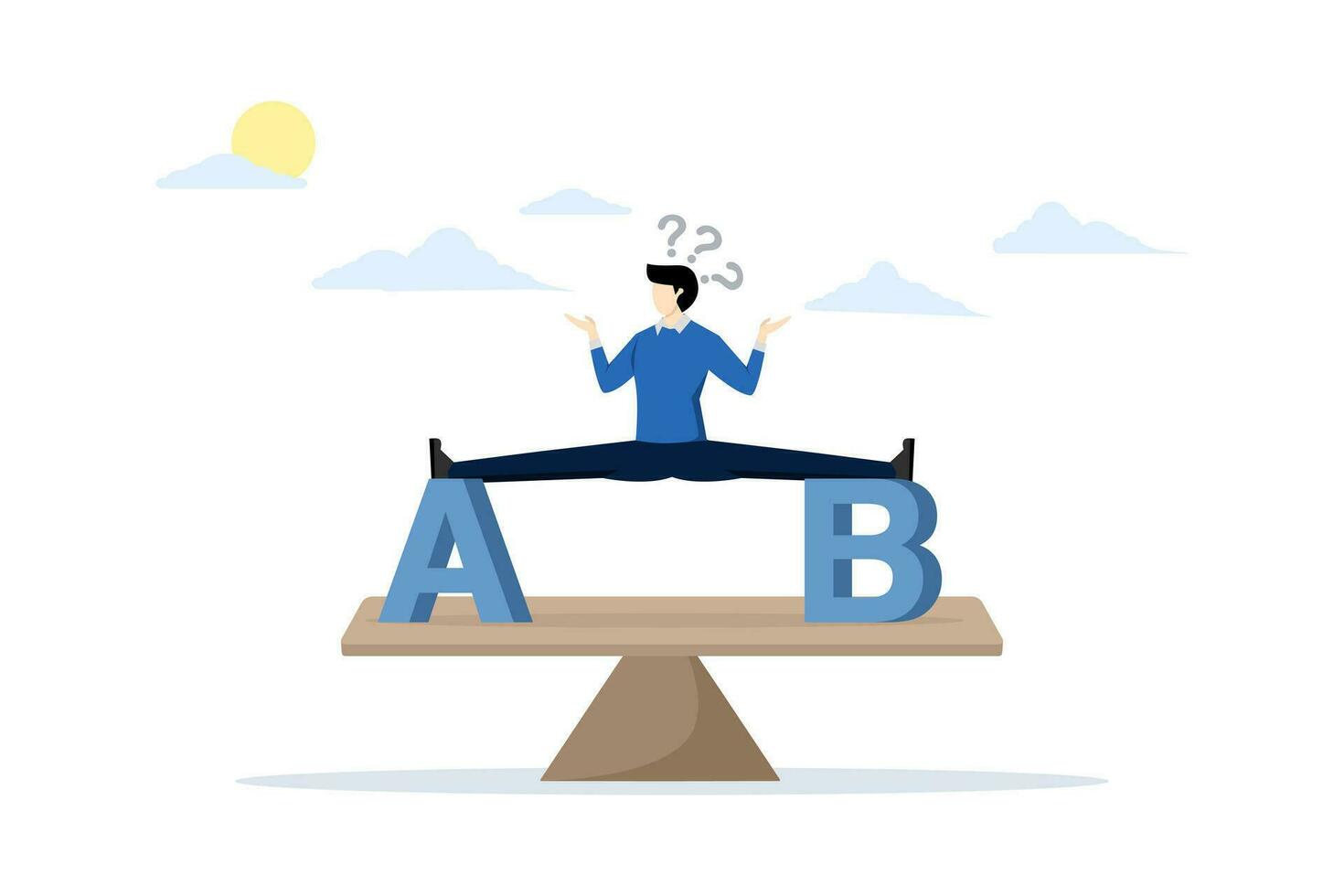 Concept of Choice A or B. Choice of decision making as two path options. Think carefully about the best choice. Business with two options to choose between A or B on the Wooden Seesaw. vector