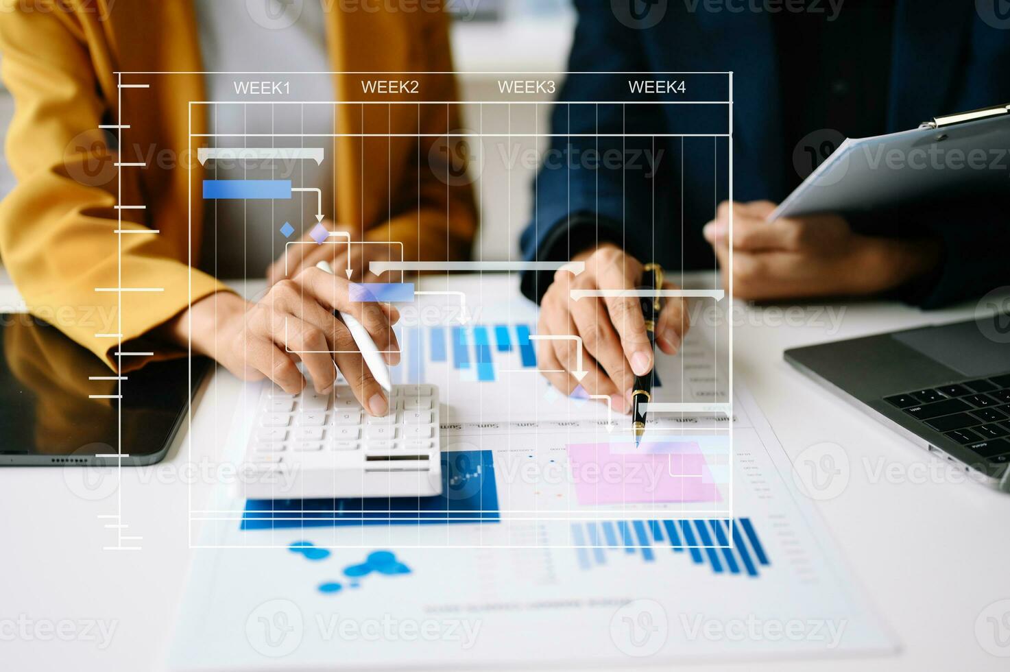 Project manager working and update tasks with milestones progress planning and Gantt chart scheduling diagram.business tram working at modern office photo