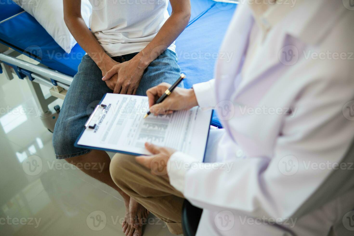 doctor is having consultation discussing prostate cancer and venereal cancer detected in young man. Current doctors provide advice and counseling on detecting prostate cancer and treating it properly. photo
