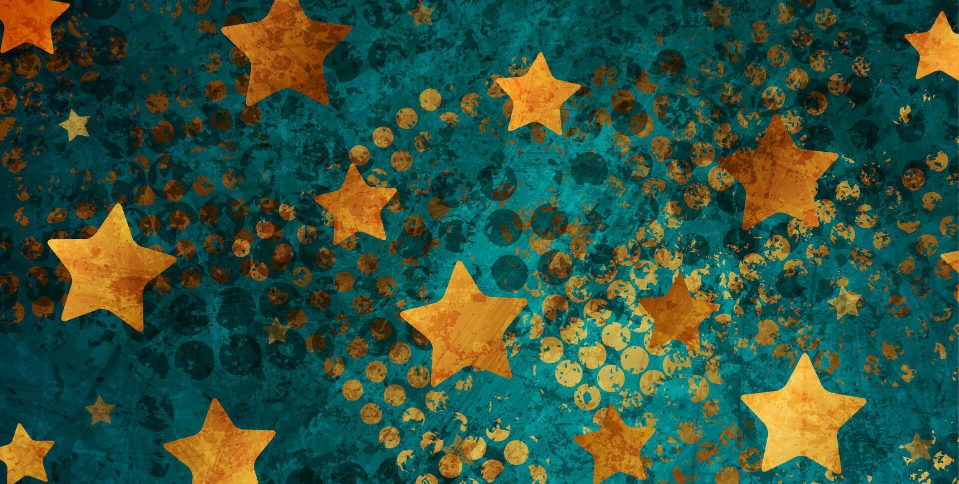 Golden stars on turquoise grunge abstract background vector