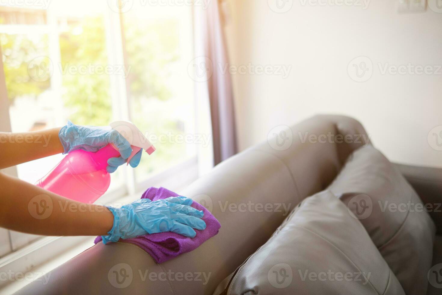 Cleaning staff is wiping cloth with cleaner and disinfectant on the surface of sofa to make the sofa clean with cleaning products and free from germs clinging to surface of the sofa in living room. photo