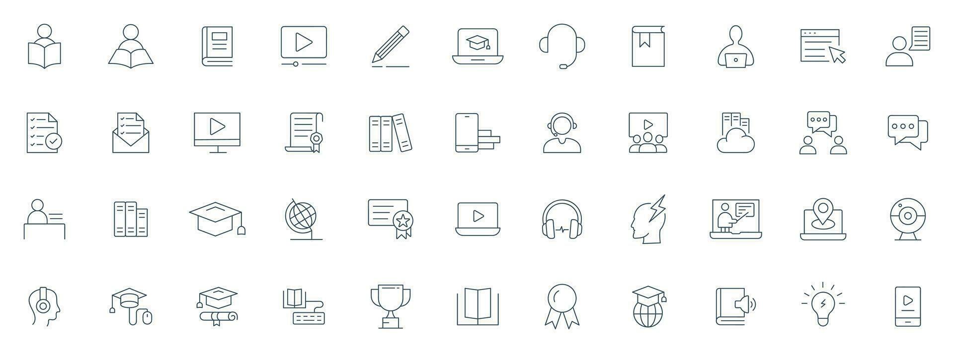 Education and learning line icon set. E-learning, graduation, diploma, online class, presentation, student and teacher icon vector illustration