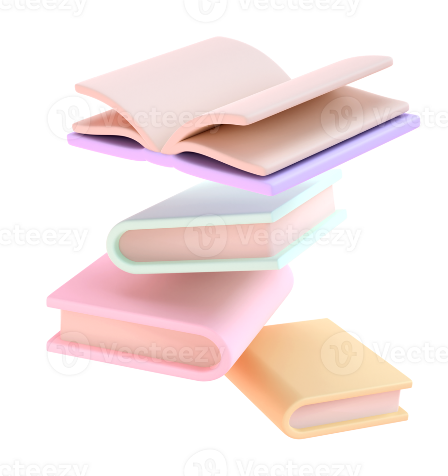 3D Stack of Books falling down in air and one open book Icon. isolated transparent png. Render Educational Literature. Reading Education back to school concept png