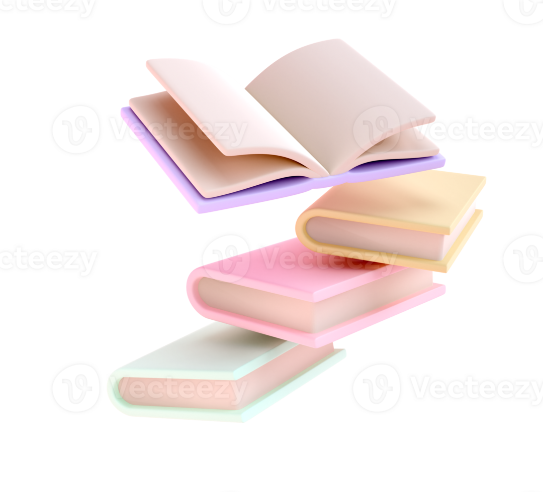 3D Stack of Books falling down in air and one open book Icon. isolated transparent png. Render Educational Literature. Reading Education back to school concept png
