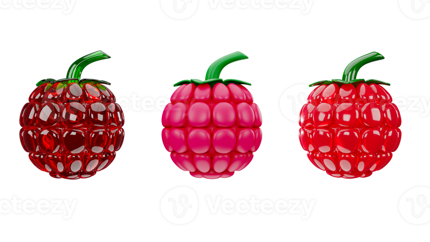 3D rendering of raspberry in various materials, crystal, jelly and solid color, Tropical fruit berries png