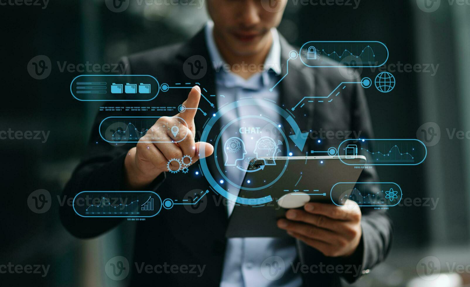 Man using chat bot in smartphone intelligence Ai. Chat with AI Artificial Intelligence, developed by OpenAI generate. robot in online system. in office photo