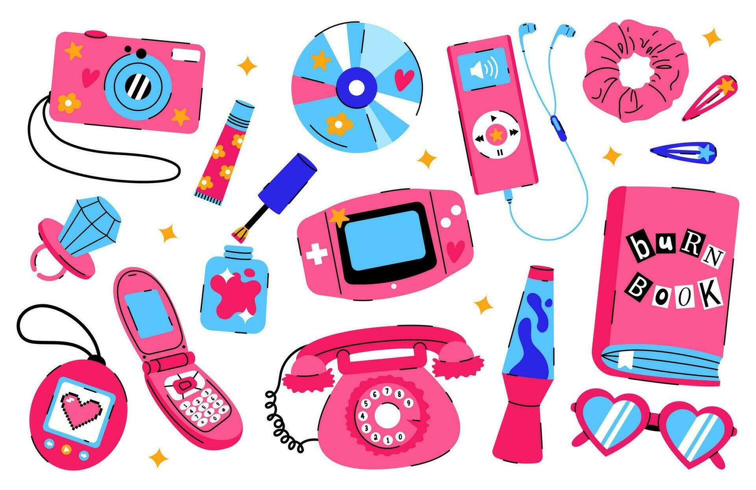 Y2k collection with camera, burn book, audio player, lava lamp, phone, glasses etc isolated on white background. Trendy pinkcore, barbiecore elements set in 2000s style. vector