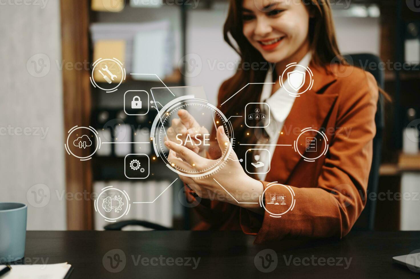 SASE Secure Access Service Edge concept Hand touching Secure Access Service Edge icon on virtual screen background, password, network, framework and support technology in office photo