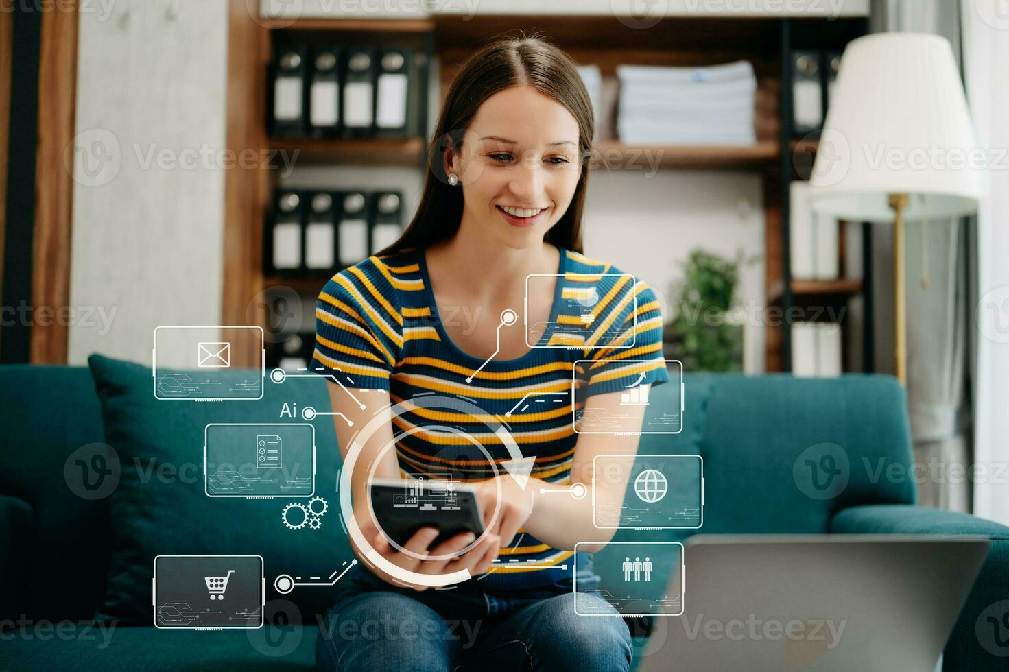 Caucasian woman sitting at a desk using a laptop computer and tablet Navigating Finance and Marketing with Technology in office with virtual icon photo