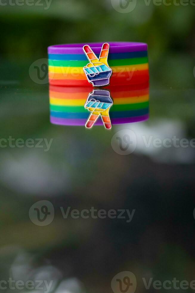 Made to symbolize lgbt Q the rainbow wristband is worn during the Gender Equality Festival and is a festival where the lgbt Q community engages in advocating for gender equality across the whole world photo