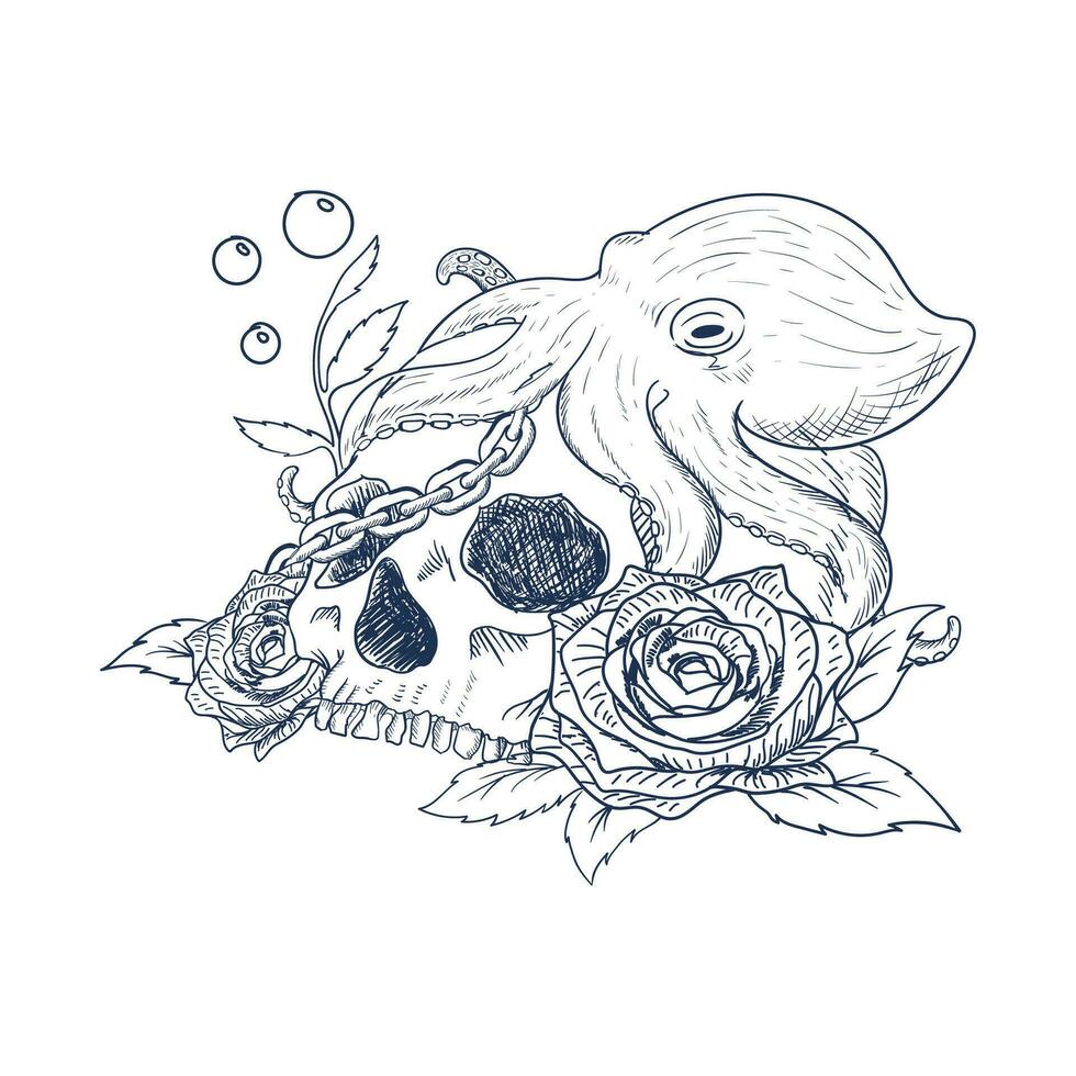 Retro Hand Drawn Human Skull Rose Sink with Octopus and Chain Sketch Tattoo Design Illustration vector