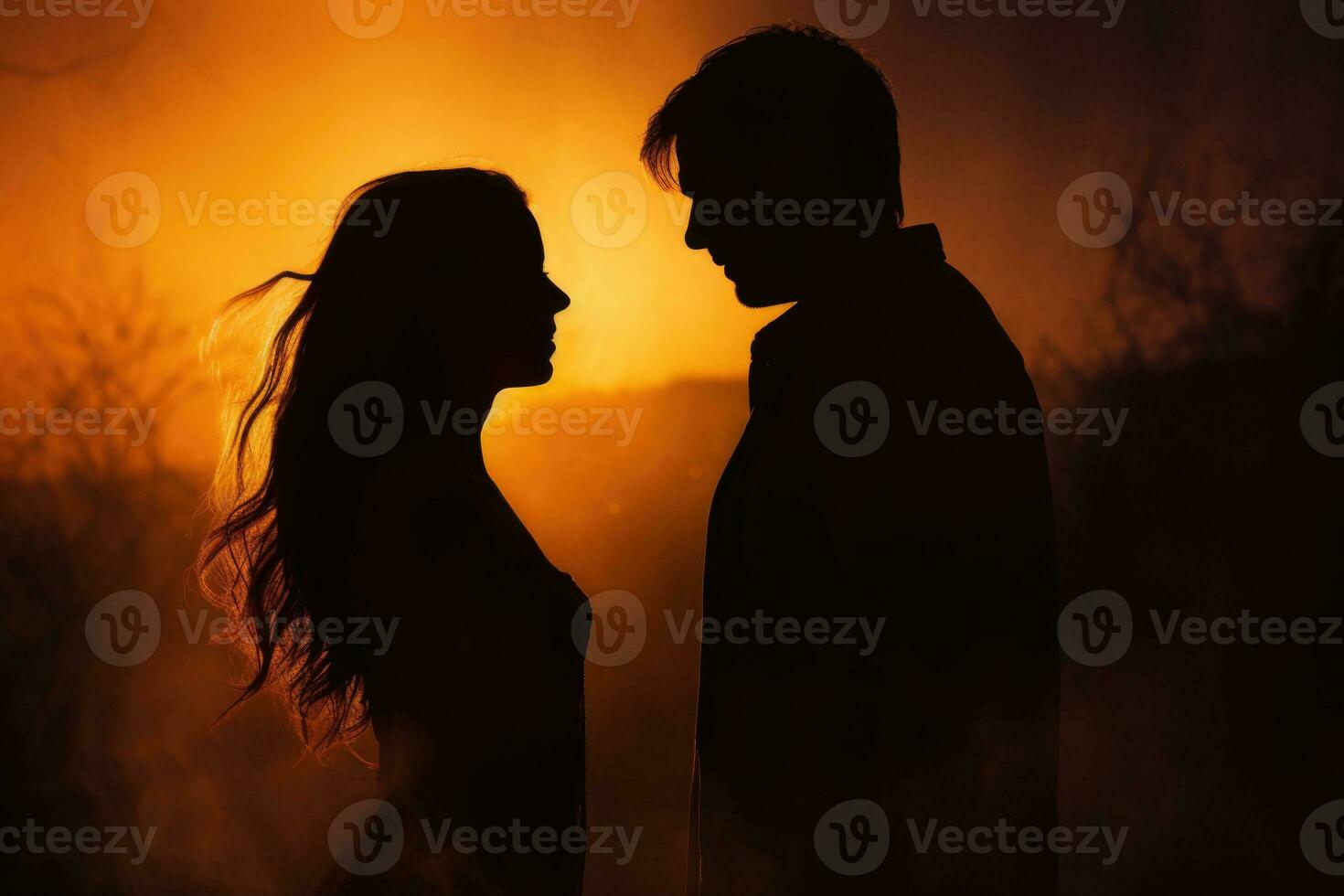 Souple silhouettes in love against sunset. Generative AI photo