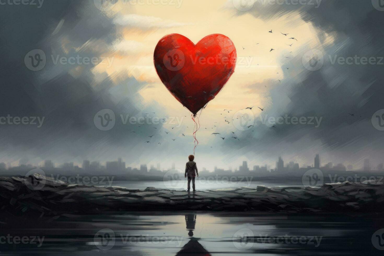 Child silhouette with heart shape balloon in fantasy landscape ...