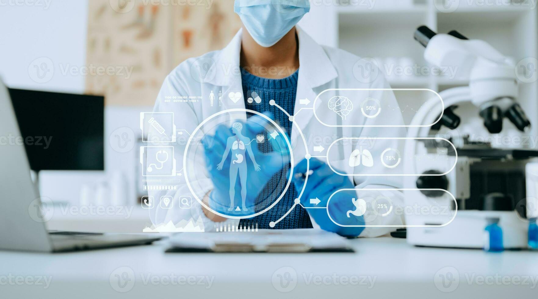 African Dctor work on digital tablet healthcare doctor technology tablet using computer  in laboratory study with virtual icon photo