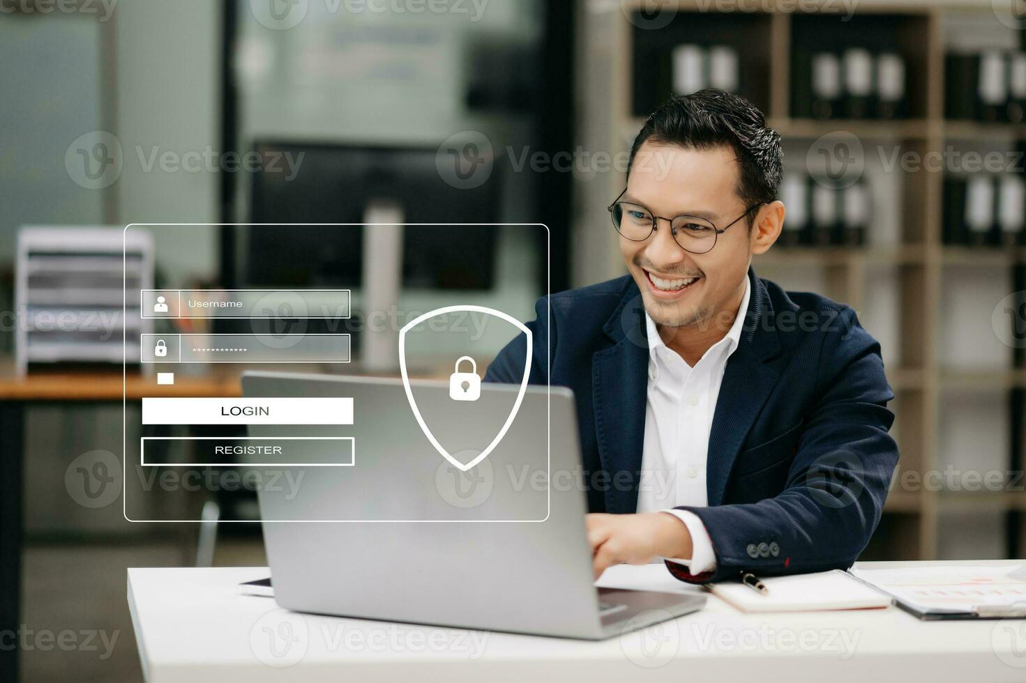 Cyber security concept, Login, User, identification information security and encryption, secure access to user's personal information Asian man using smart phone and tablet photo