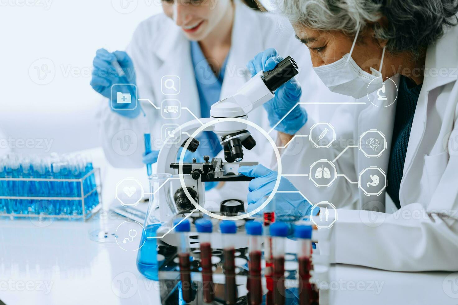 Scientist two woman with tablet and laptop, laboratory and ecofriendly science. Agriculture, research and scientists with online reading, test samples for global warming analytics and tech. photo