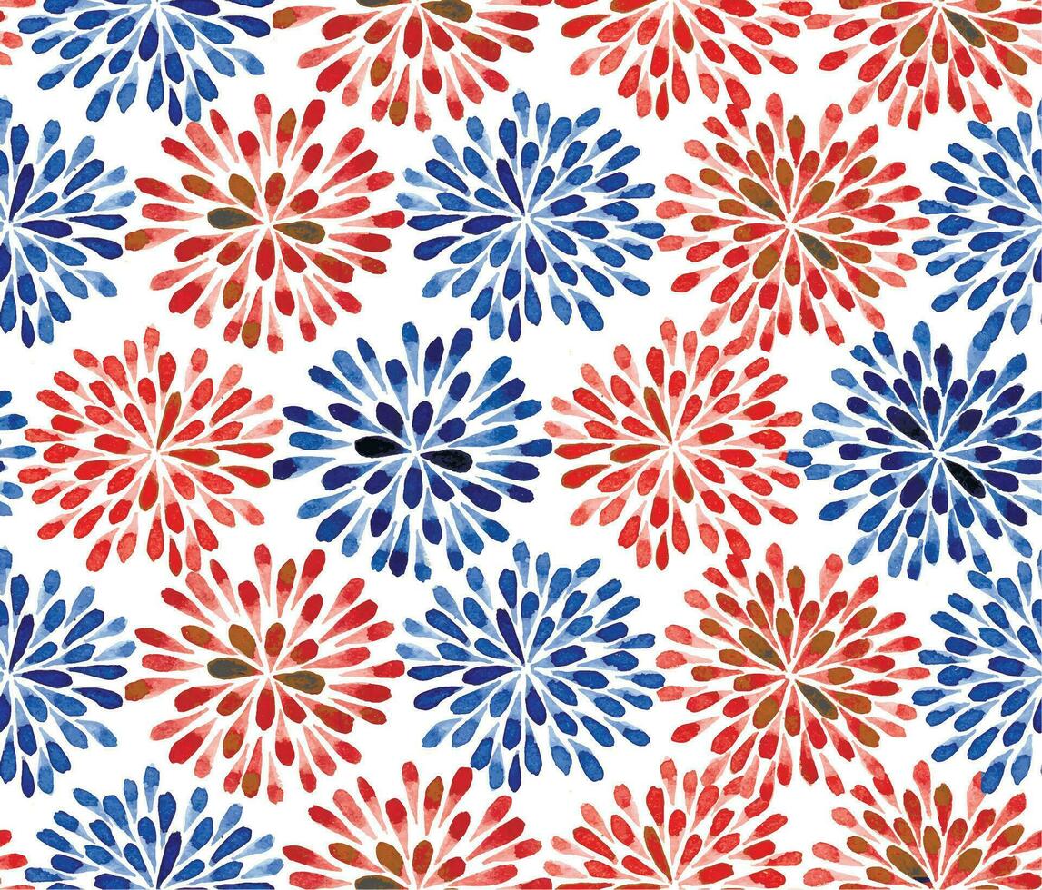 watercolor seamless pattern with abstract blue and red flowers. oriental ornament vector