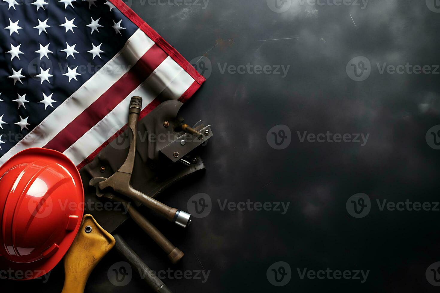 Happy Labor day concept. American flag with different construction tools on dark stone background. AI Generated photo