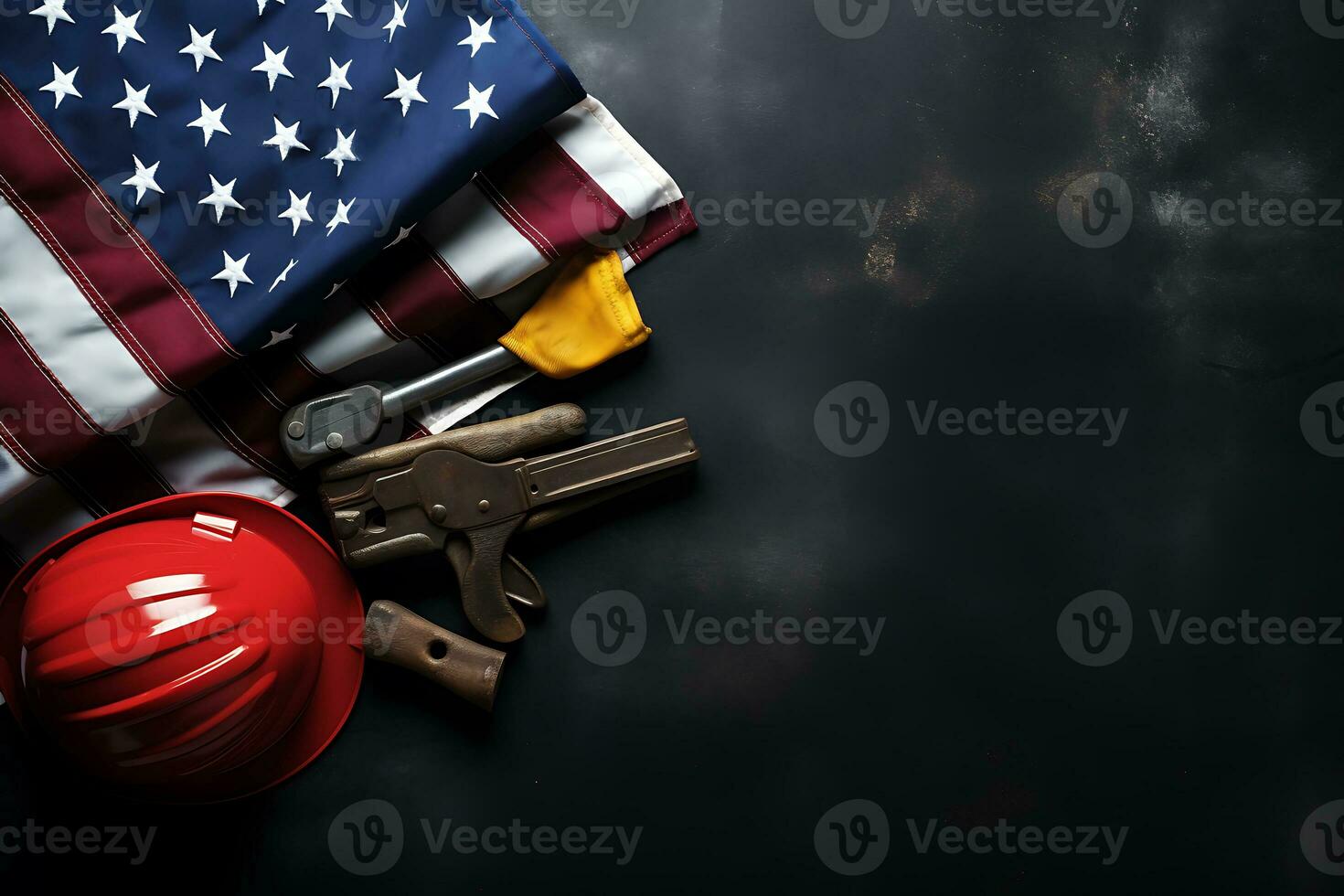 Happy Labor day concept. American flag with different construction tools on dark stone background. AI Generated photo