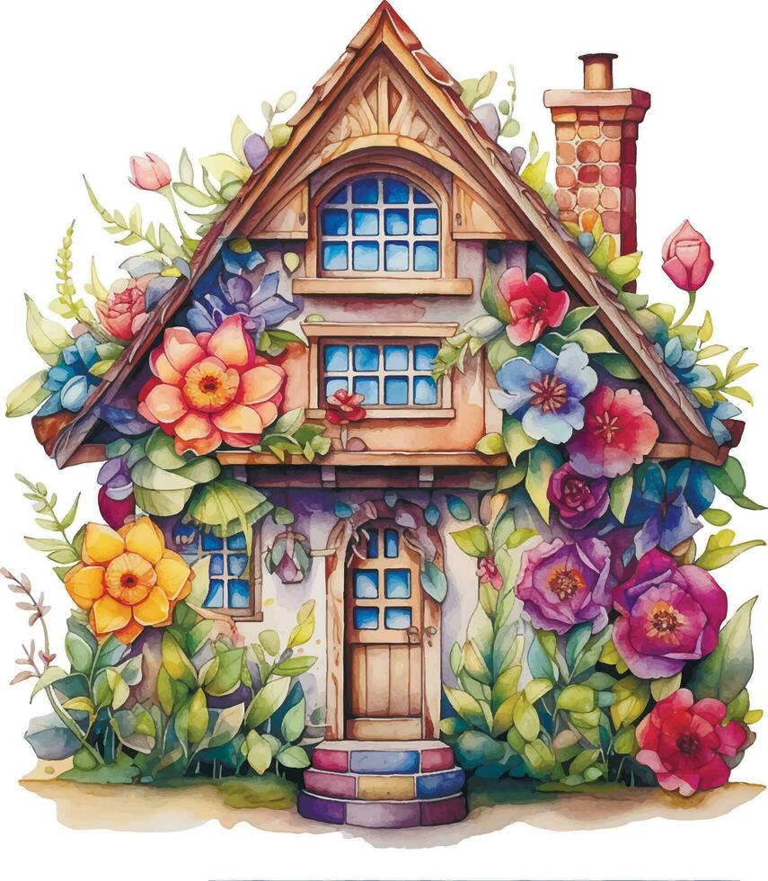 watercolor drawing. cute flower house. fairy house in vintage style vector