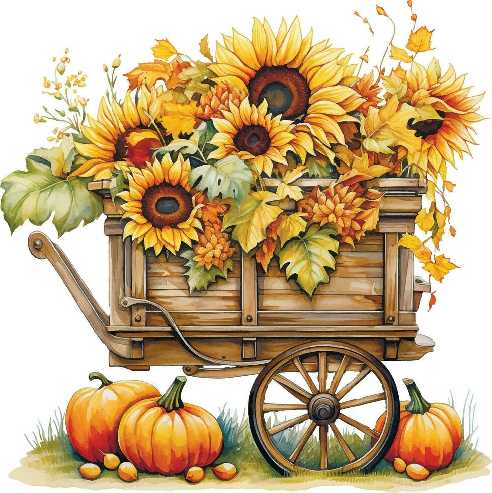 watercolor drawing. autumn wagon with harvest, with pumpkins and sunflower flowers in vintage style. thanksgiving card decoration, autumn, harvest festival vector