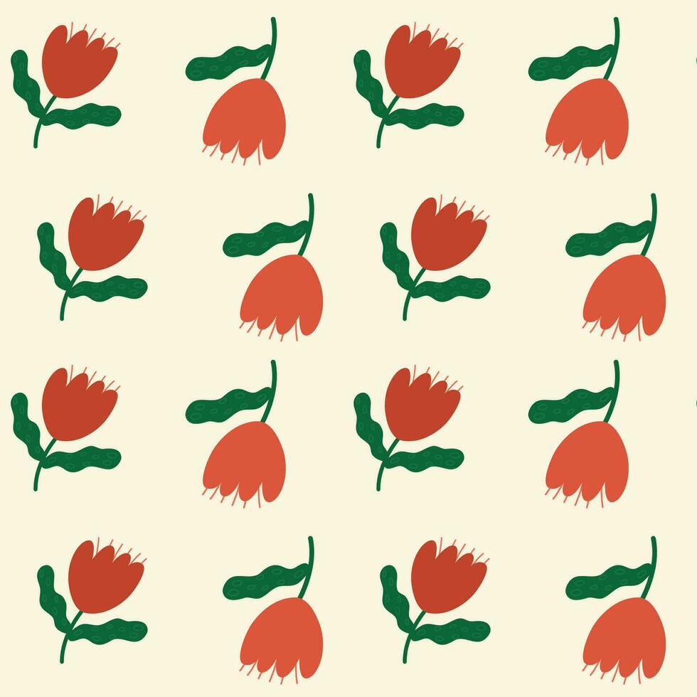 Red flowers isolated on beige background. Hand drawn tulip floral seamless pattern vector illustration.
