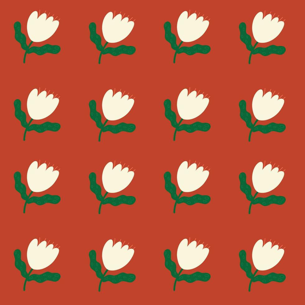 Beige flowers isolated on redbackground. Hand drawn tulip floral seamless pattern vector illustration.