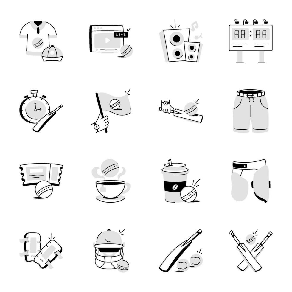 Modern Pack of Cricket Equipment Doodle Icons vector