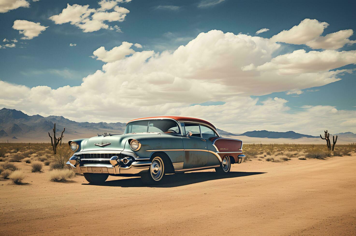 Disparo de un clásico coche en ruta 66 foto