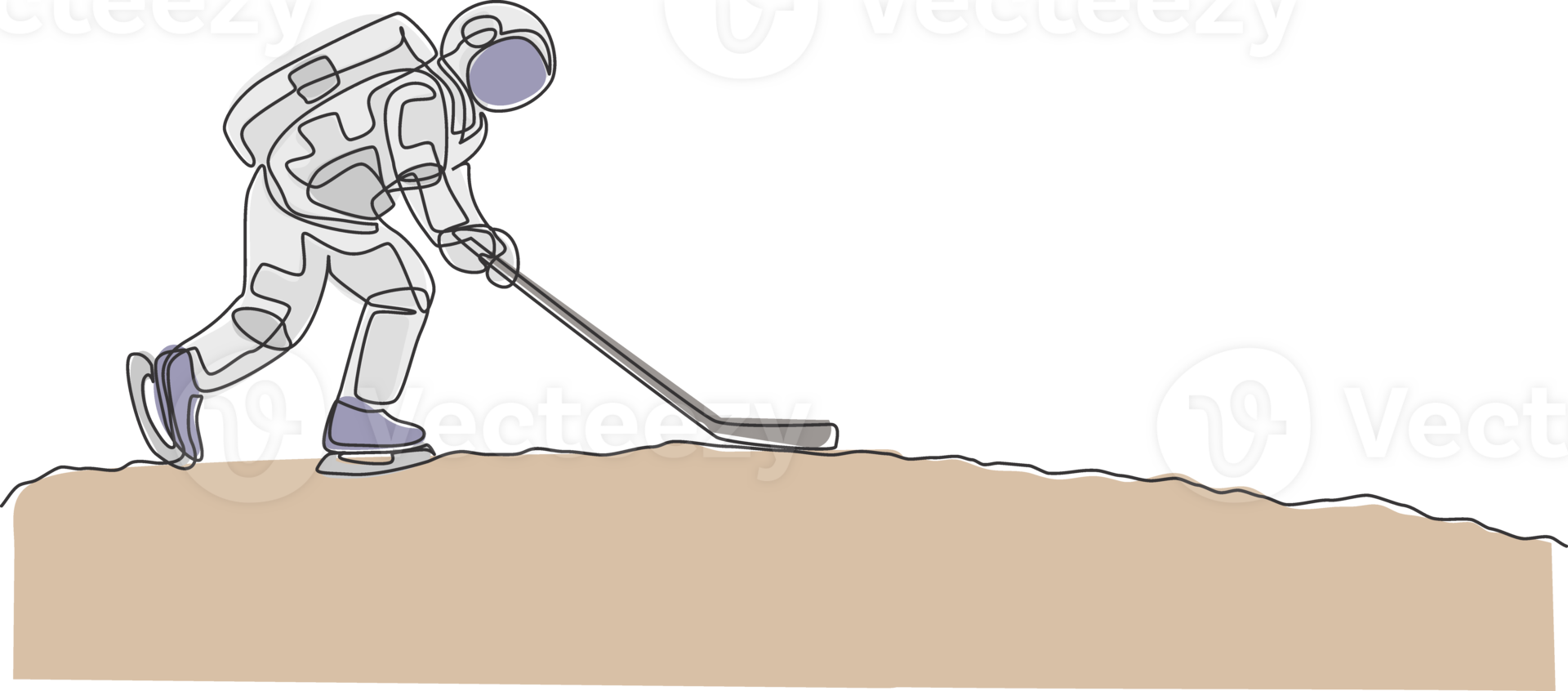 One continuous line drawing of astronaut training ice hockey on moon surface, deep space galaxy. Spaceman healthy fitness sport concept. Dynamic single line draw design graphic illustration png