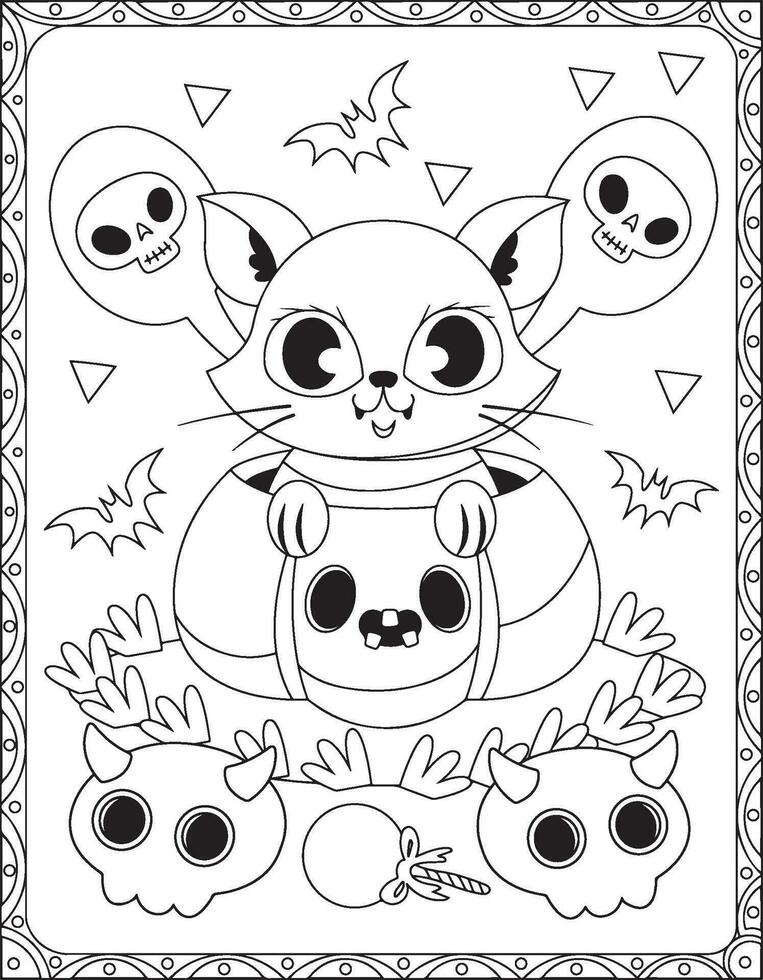 Víspera de Todos los Santos colorante páginas, halloween gato colorante paginas para niños, Víspera de Todos los Santos ilustración, Víspera de Todos los Santos vector, negro y blanco, gato ilustración vector