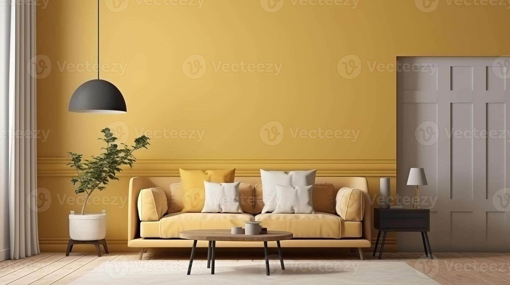 Mock up poster in home interior with minimal furniture, 3d render, Bright color. photo