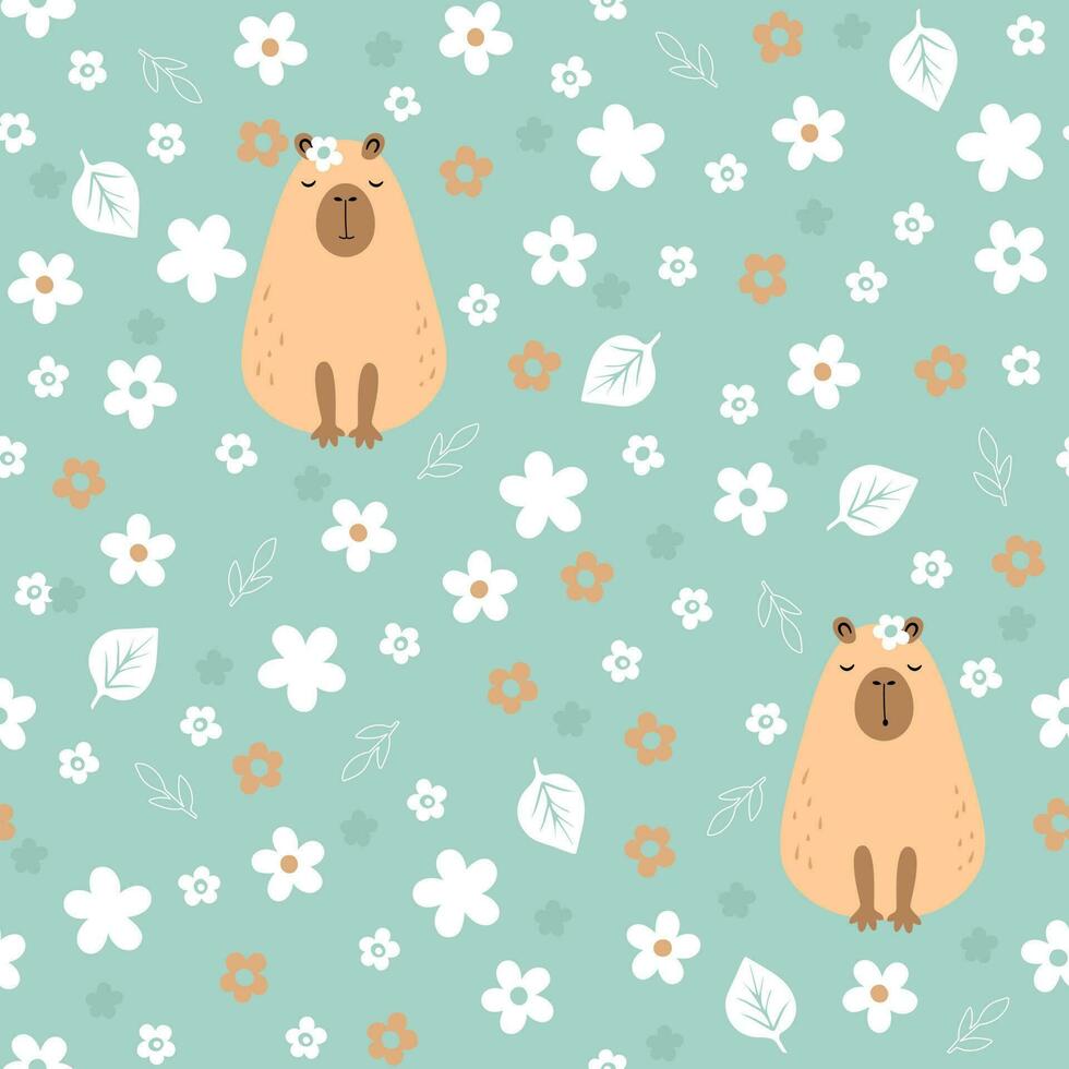Seamless funny capybara with flowers. Guinea pig print vector