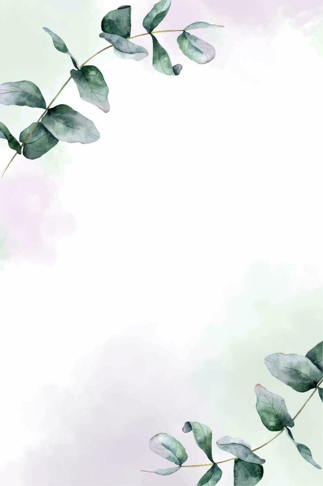 hoja verde de eucalipto y marco de manchas de acuarela. ilustración floral acuarela. fondo para invitaciones de boda, saludos, fondos de pantalla, postales vector