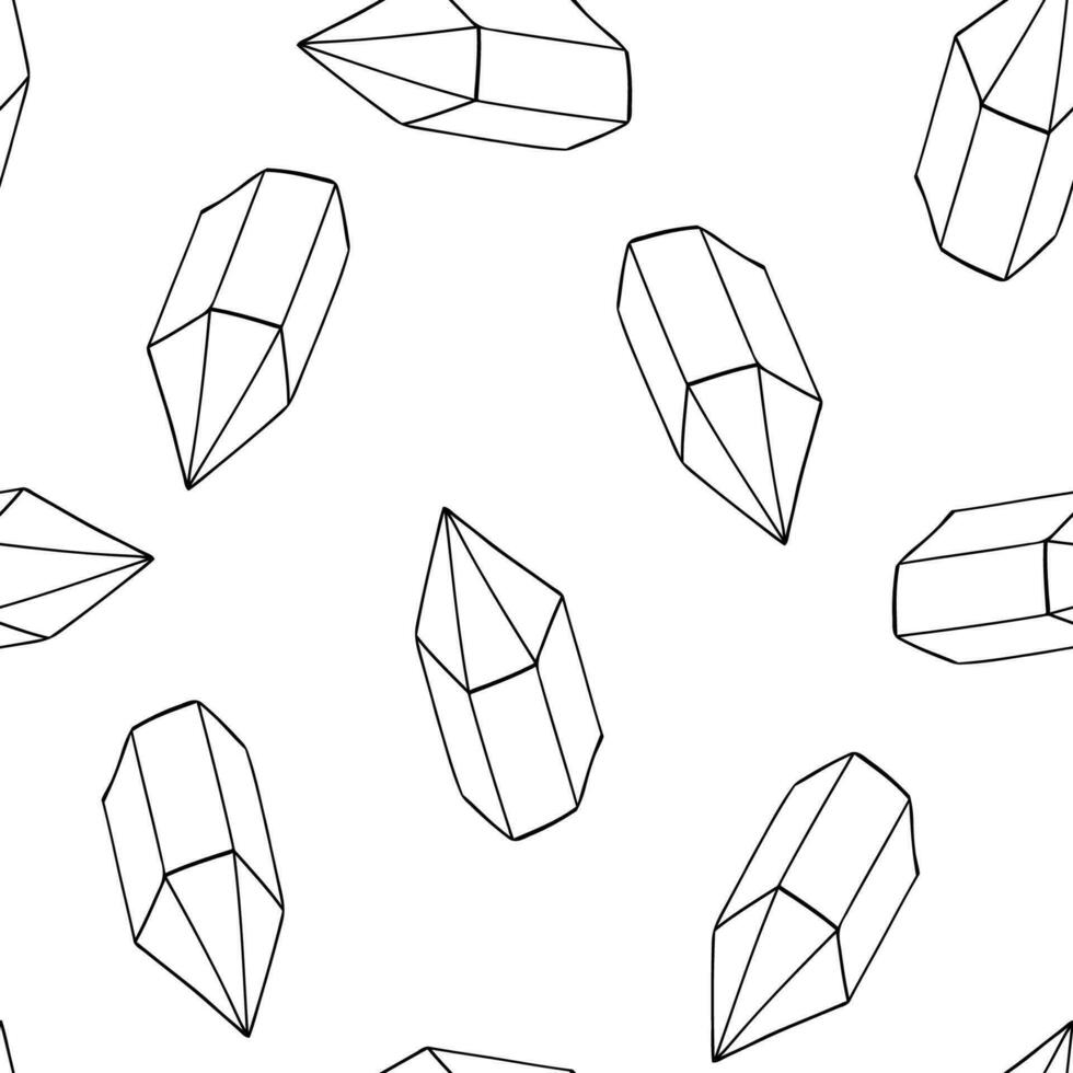 Doodle crystals seamless pattern. Black outline gems and minerals silhouettes background. Contour magic stones diamonds boho abstract geometric vector illustration.