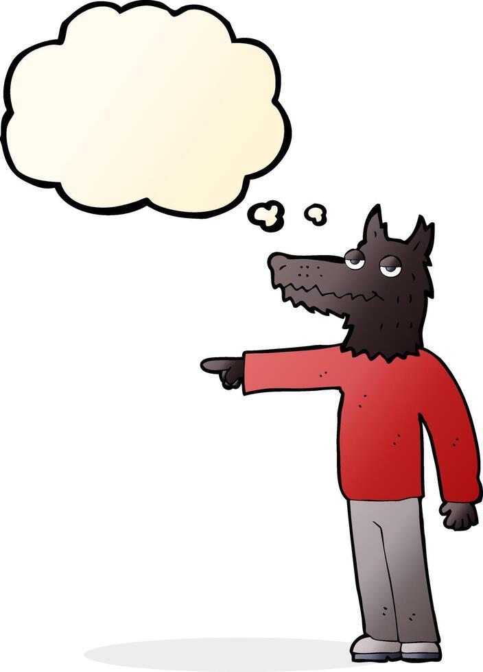 cartoon wolf man pointing with thought bubble vector